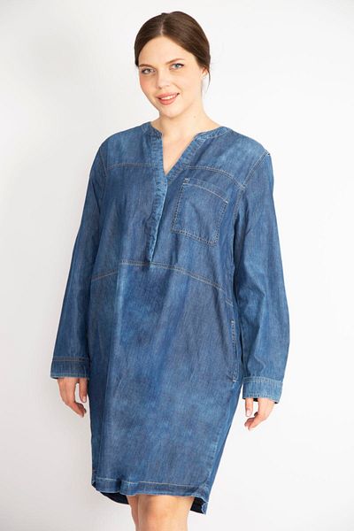 Şans Women's Navy Blue Large Size Washing Effect Front Placket Snap Button Denim Dress 65n36397