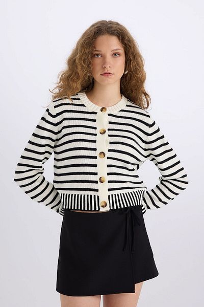DeFacto Striped Regular Fit Crew Neck Knitwear Cardigan - E2272Ax24Cw