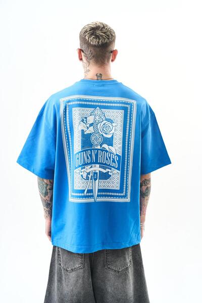 Respire Erkek Guns Roses Baskılı Oversize T-Shirt Mavi