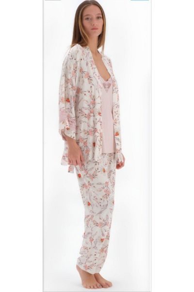 Eros Pijama Beige Flowers Women's Pajama Set with Dressing Gown