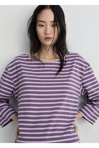 MANGO Woman Βαμβακερό μπλουζάκι με ριγέ ύφανση