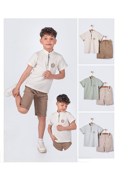 Pasur Bebe Boy's Collar T-Shirt and Capri Double Set