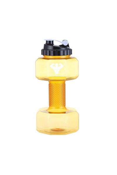 YALLA HomeGym زجاجة مياه رياضية على شكل دمبل، سعة 2.2 لتر، وزن 2.5 كجم، صفراء