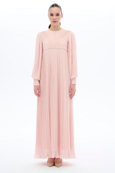 miha Hicran Önal V KESİM PİLİSELİ ELBİSE Pudra