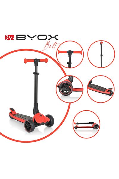 OEM BYOX Bolt Red 3-wheel scooter with LED lights, age 3+ years