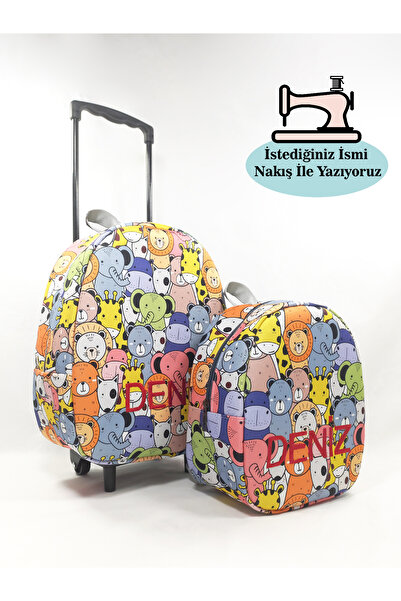 migie Kişiye Özel İsimli Çekçekli Çanta ve Sırt Çantası Anaokulu/Kreş Seti (2'li Set) Colorful Animals