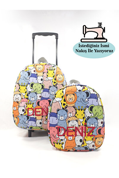 migie Kişiye Özel İsimli Çekçekli Çanta ve Sırt Çantası Anaokulu/Kreş Seti (2'li Set) Colorful Animals
