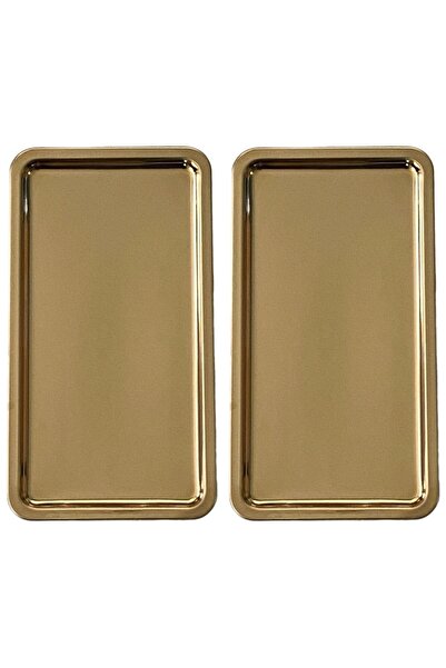 Kitchen Design Lab Paslanmaz Çelik Gold Renk Dikdörtgen Geniş Metal Düz Sunum Tepsisi Çay Kahve Tatlı Sunum 2 Adet