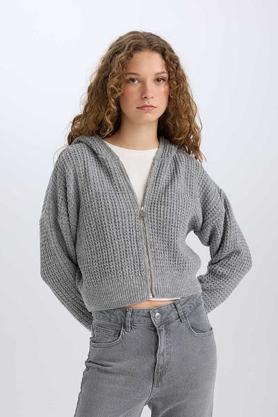 DeFacto Regular Fit Hooded Zippered Knitwear Cardigan E2269Axns