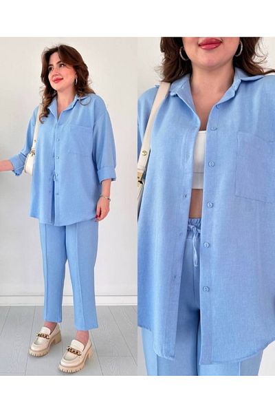 BUTİK1AVM Baby Blue Linen Suit Women's Bottom Top Shirt Pants