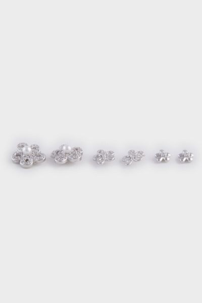 DeFacto Women's Flower Motif 3-Piece Silver Earrings E3069Axns