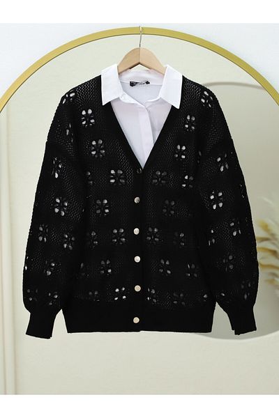 Modamorfo Buttoned Openwork Araboy Knitwear Cardigan -Black