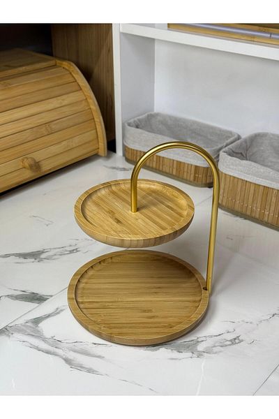 ERKUGO Blissra Bamboo Presentation Stand, Presentation Stand, Double Layer Presentation Stand, Bamboo Round Presentation Stand
