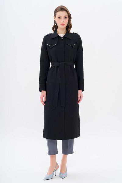 Olcay Studded Detailed Cloak - Quilted Patterned Lightweight Trench Coat Black 6705