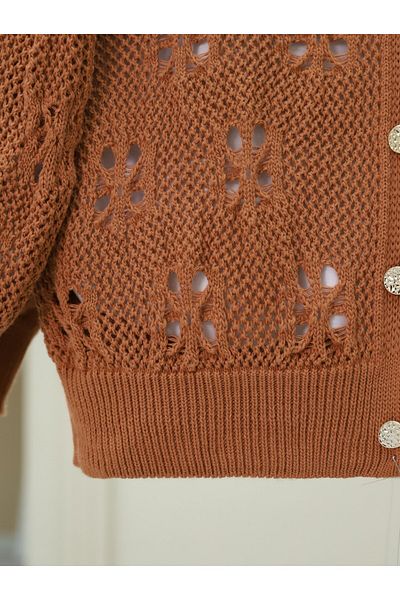 Modamorfo Buttoned Openwork Araboy Knitwear Cinnamon Cardigan