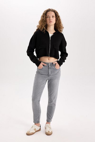 DeFacto Regular Fit Hooded Basic Plain Zippered Knitwear Cardigan E2270Axns