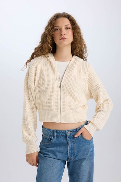 DeFacto Regular Fit Hooded Zippered Knitwear Cardigan E2269Axns
