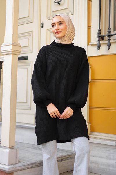 Sapha Women's Black Balloon Sleeve Knitted Knitwear Oversize Sweater Tunic