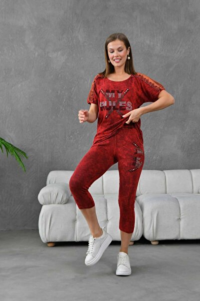 LÜKSERA %100 PAMUKLU YIKAMALI KUMAŞTAN OMUZU DANTEL DETAYLI TAŞ İŞLEMELİ GÜNLÜK KULLANIM İÇİN İKİLİ TAKIM