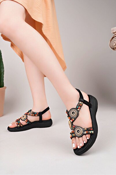 Nstil Daily Women's Black Flip Flops Sandals Do Not Fall Beaded Stone Rubber Band Fuspet Flat Heel Sole 06