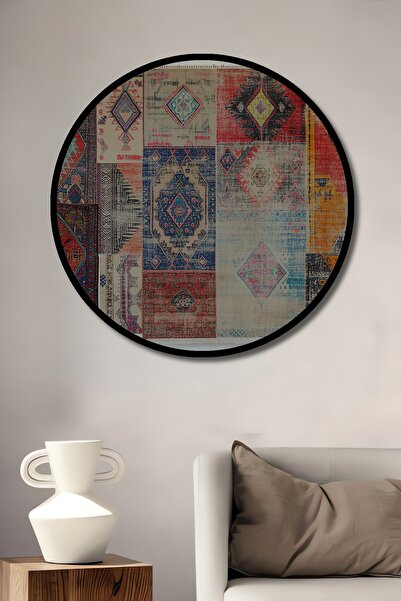 Teona Ahşap Çerçeve Görünümlü Bohem Kilim Desenli Yağlı Boya Görünümlü Dekora...