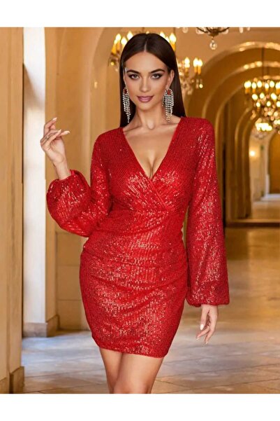 elissaa UZUN KOLLU GÖĞÜS DEKOLTELİ PUL PAYET MİNİ ELBİSE