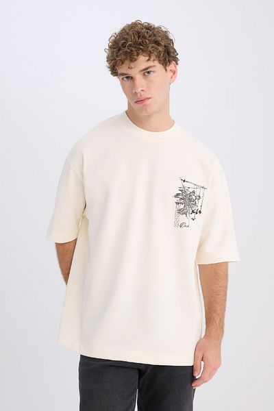 DeFacto Volný střih Crew Neck Květinové tričko z těžké tkaniny s krátkým rukávem C7055ax25sp