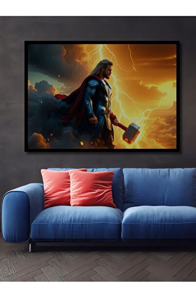 Teona Ahşap Çerçeve Görünümlü Thor Fırtına Tanrısı Yağlı Boya Görünümlü Dekor...