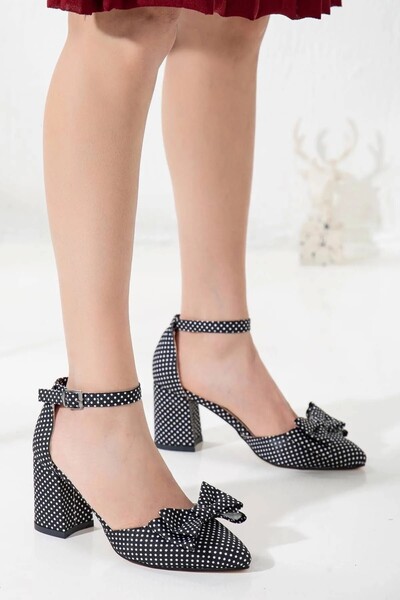 Satenora Pantofi cu toc cu fundă cu buline Arlo alb-negru