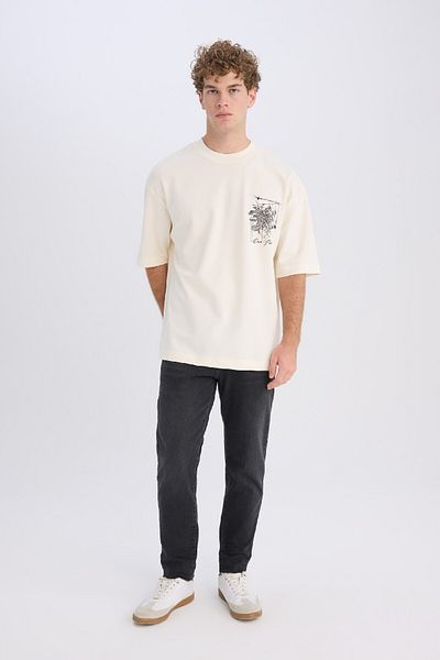 DeFacto Volný střih Crew Neck Květinové tričko z těžké tkaniny s krátkým rukávem C7055ax25sp