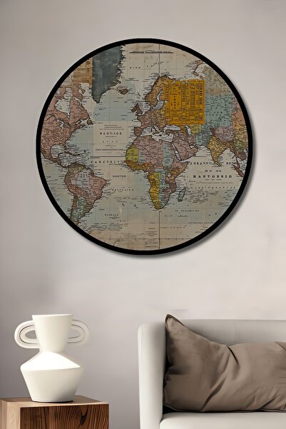 Teona Ahşap Çerçeve Görünümlü Vintage Dünya Haritası Yağlı Boya Görünümlü Dekoratif Ahşap Ofis Yuvarlak Tablo