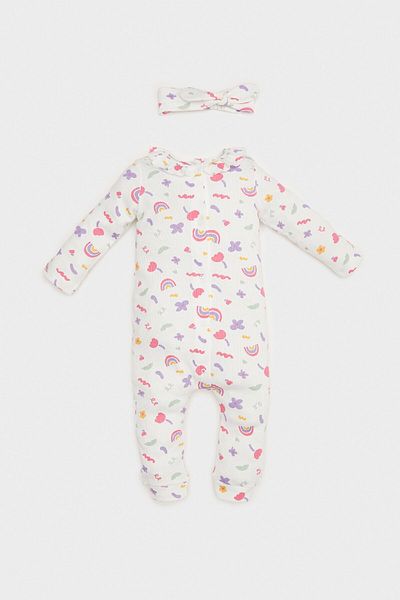 DeFacto Baby Girl Headband - 2 Pcs Romper Rainbow Long Sleeve Waffle Printed