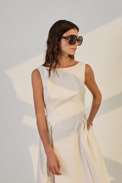 Setre Cream Sleeveless Waist Seat Wide Cut Midi Length Dress