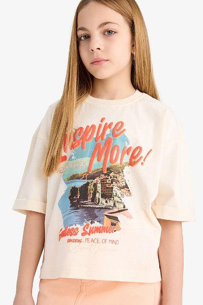 DeFacto Girl's Oversize Wide Fit Crew Neck Printed Short Sleeve T-Shirt E4406A825Sm