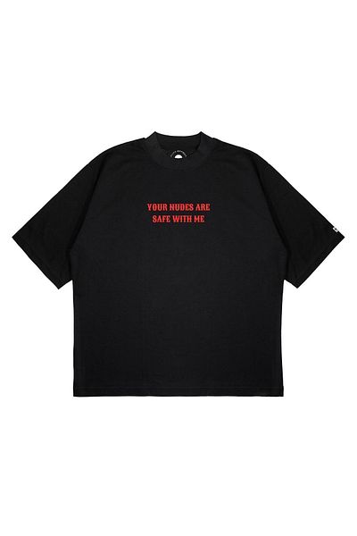 TRAGEDY Tricou oversize unisex cu imprimeu Your Nudes Are Safe, cu croiala lejeră, din țesătură groasă