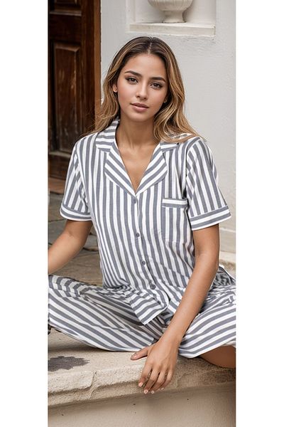 Loule Set pijamale pentru femei cu dungi gri și albe A1.L01.IS.00.SA003