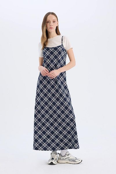 DeFacto Coool V-Neck καρό λουράκι Midi φόρεμα E4397ax25sp
