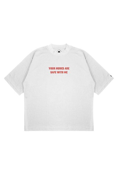 TRAGEDY Tricou oversize unisex cu imprimeu Your Nudes Are Safe, cu croiala lejeră, din țesătură groasă