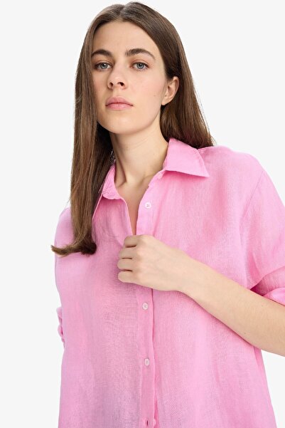 DeFacto %100 Keten Oversize Geniş Kalıp Basic Düz Pembe Uzun Kollu Gömlek Z6638az25sp