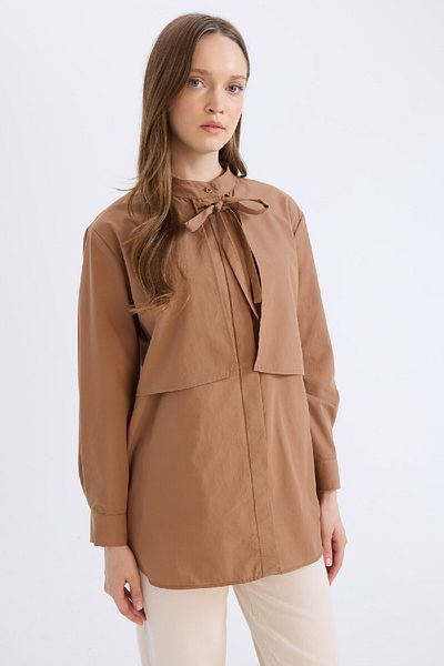DeFacto Relax-Fit-Langarm-Tunika-Shirt mit Popeline-Schleifenkragen D4152AX25SP