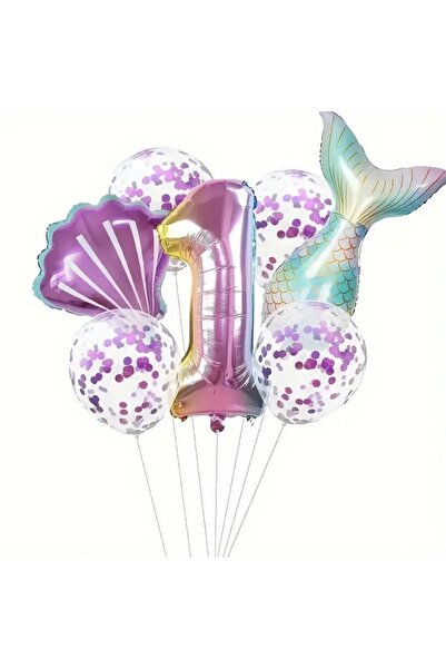 parti sürprizi Deniz Kızı Kuyruğu Mor Konfetili 1 Yaş Folyo Balon Set