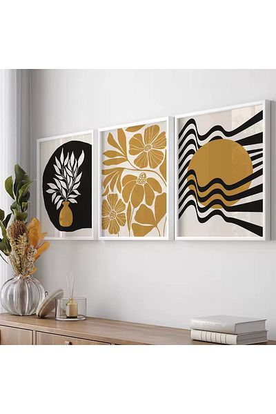 Linacci Set of 3 White Metal Frame Bohemian Mustard Black Glass Table