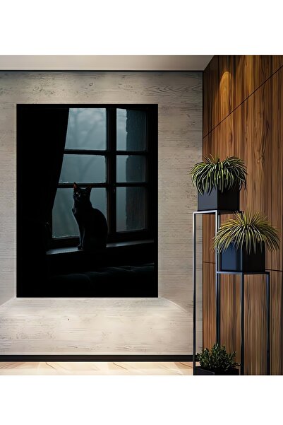 Teona Ahşap Çerçeve Görünümlü Gizemli Pencere Kara Kedi Yağlı Boya Görünümlü ...