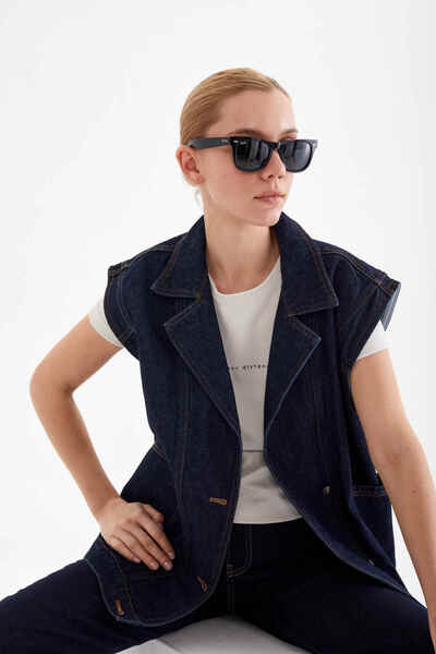 Perryes Women's Side Pocket Detailed 100% Cotton Denim Vest