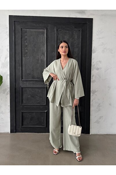 S&A Collectionn طقم كيمونو نسائي بأزرار واسعة الساق وبنطلون كتان مزدوج فضفاض