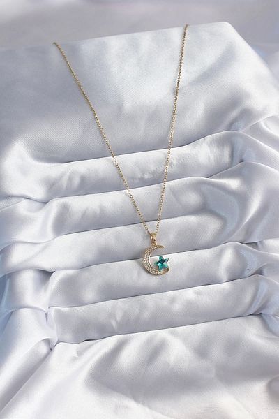 Store 316l Steel Gold Color Chain Zircon Stone Detail Crescent Star Figure Women Necklace