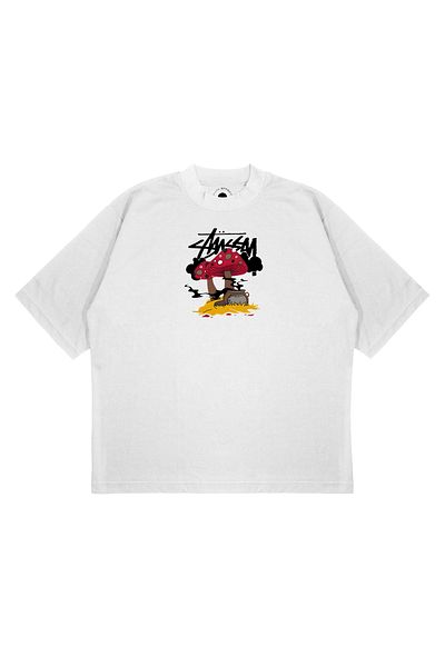 TRAGEDY Μπλουζάκι Unisex Oversize Stussy Mushroom με στάμπα Boxy Fit από χοντρό ύφασμα