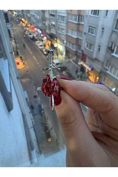 Herşey Nota Sword Heart Gothic Red Colorful Adjustable Women Ring