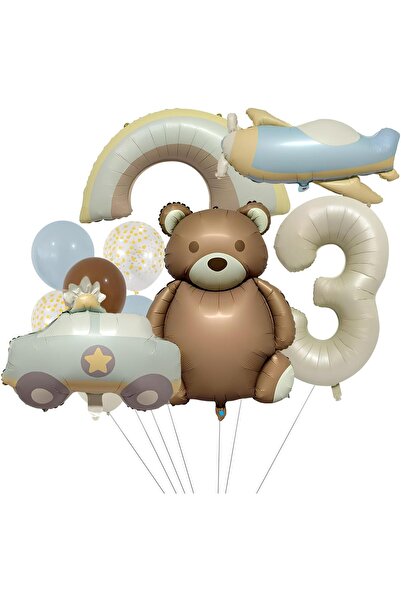 Parti Station Retro Ayıcık Arabası Gökkuşağı Uçak Konsept 3 Yaş Balon Set Ret...