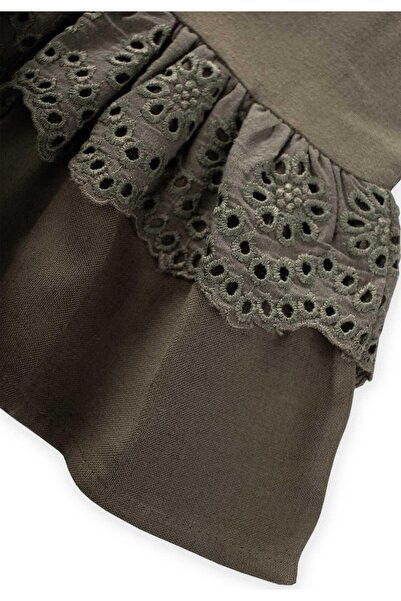 Cigit Waist Drum Lace Linen Blouse 2-7 Years Khaki Green